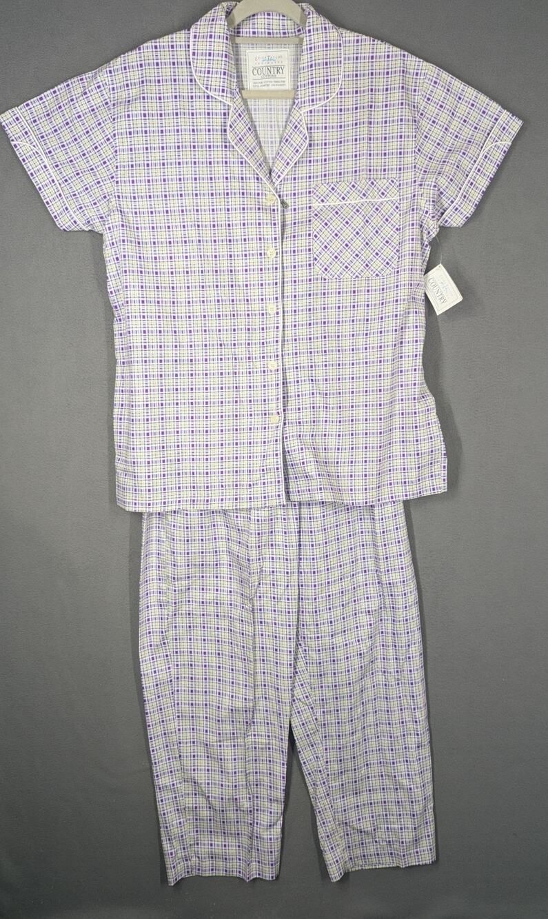 Vtg Erika Taylor Country Cottons Pajama Set Medium Purple White Plaid NWT NOS